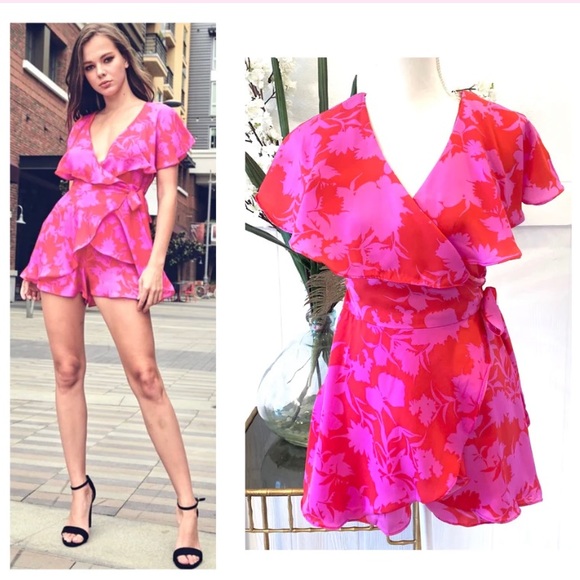 Do + Be Open Back Cutout Hot Pink & Red Floral Romper  Dress - Size S - Picture 3 of 12